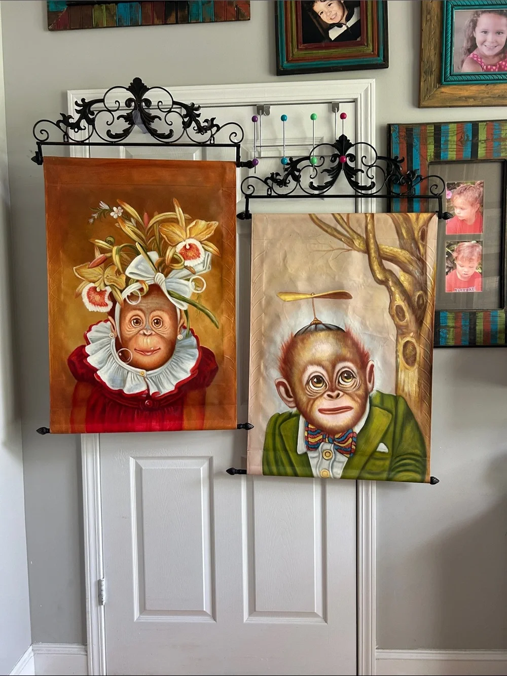 Whimsical Monkey Wall Art Panels in Brown, Green, Red